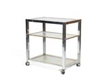 an image of a metal and glass shelf with two shelves on wheels