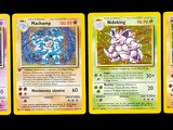 four different pokemon cards are shown on a black background