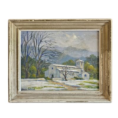 une peinture à l'huile représentant une maison dans la neige, avec un arbre au premier plan