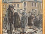 an oil painting of a group of people standing around a market