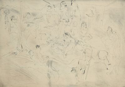 dessin représentant un groupe de personnes assises autour d'une table