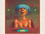 painting of a man with a blue hat on his head in a cage