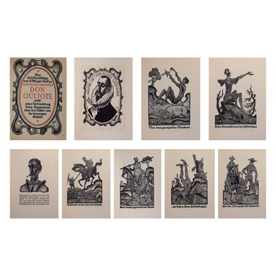 six illustrations en noir et blanc représentant divers personnages et animaux