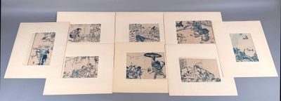 six reproductions encadrées représentant une femme avec un parapluie dans un jardin