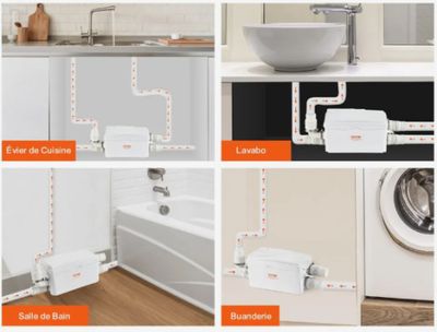 quatre photos différentes d'une salle de bains avec un lavabo, des toilettes, un lave-linge et une baignoire