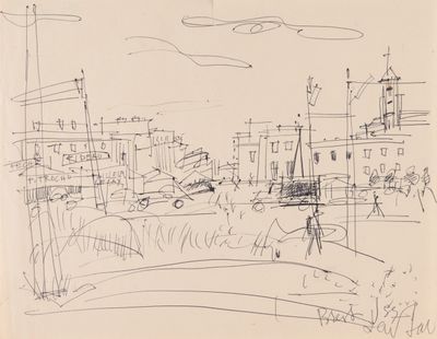 dessin représentant une ville avec de nombreux bâtiments et des gens qui se promènent