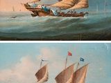 two pictures of a painting of two ships in the ocean