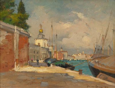 painting of a harbor scene with boats and buildings in the background