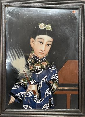 tableau représentant une femme en robe bleue tenant un pinceau et un éventail