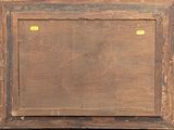 painting of a brown wooden frame with a yellow sticker on it