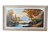 a painting of a mountain scene with a river in the foreground