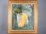 un tableau représentant un homme et une femme dans un environnement boisé