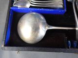 a silver spoon and fork set in a blue box