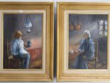two paintings of a man sitting in a chair and a woman sitting at a table