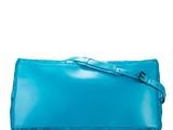 a blue leather clutch bag on a white background