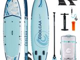 a close up of a surfboard with paddles and other items