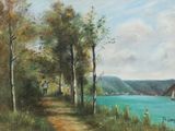 a painting of a man walking down a path by the water