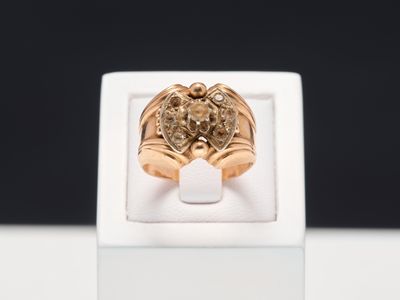 Bague rétro en or jaune 18k 750 millièmes ornée de pierres b…