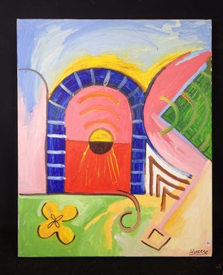 peinture représentant une peinture d'un bâtiment devant lequel se trouve une fleur