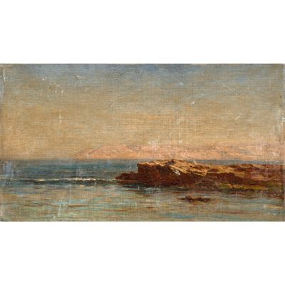 un tableau représentant une côte rocheuse avec un phare au loin