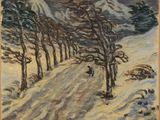 an image of a painting of a snowy landscape with trees