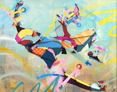 a painting of a man on a skateboard in the air