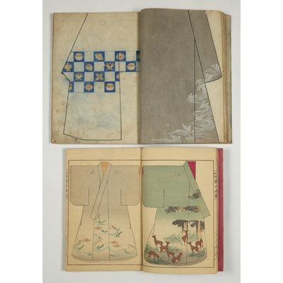 a set of three books with illustrations of women ' s dresses