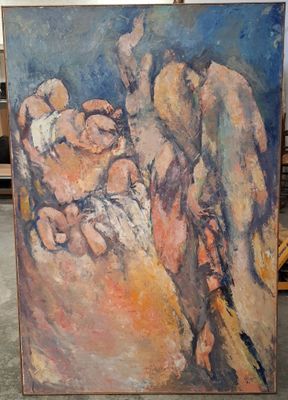 a painting of a man holding a baby in his arms