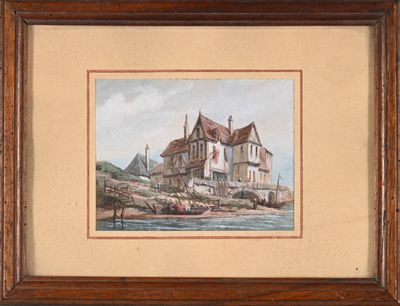 an image of a painting of a house by the water