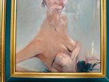 a painting of a woman with a hat on her head