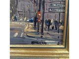 an oil painting of a city street scene with people walking on the sidewalk