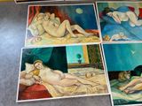 four paintings of women laying on a bed in a room