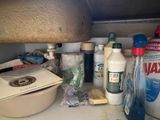 a sink that has a lot of cleaning products on it