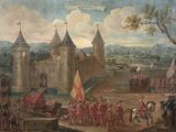 painting of a painting of a military scene with a castle in the background