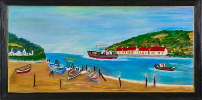 tableau représentant une scène de plage avec des bateaux et des maisons au bord de l'eau