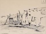 dessin représentant des vêtements suspendus à une corde à linge devant un immeuble