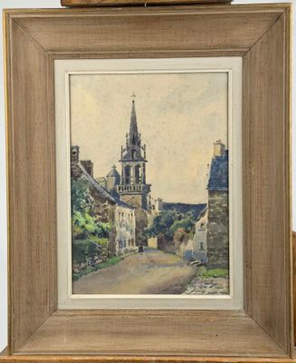 an image of a painting of a church in a village