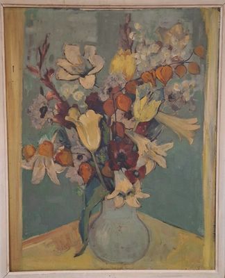 a painting of flowers in a vase on a table