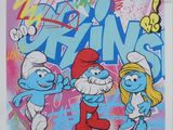 the smurfs are standing in front of a graffiti covered wall