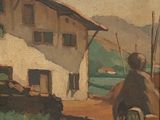 painting of a house with a thatched roof in a rural area