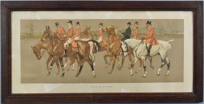 tableau représentant un groupe d'hommes à cheval, alignés en file indienne