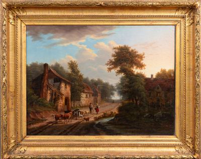 an oil painting of a village scene with a horse drawn carriage by a man
