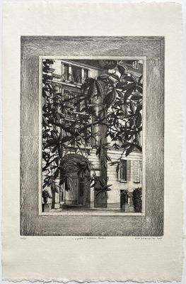 une image représentant un dessin en noir et blanc d'un bâtiment devant lequel se trouve un arbre