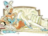 drawing of a woman sitting on a couch with a cake in front of her