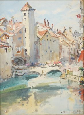 an image of a painting of a river with buildings in the background