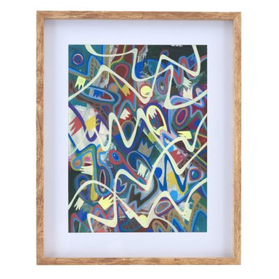 une peinture abstraite composée de formes et de couleurs variées, dans un cadre en bois