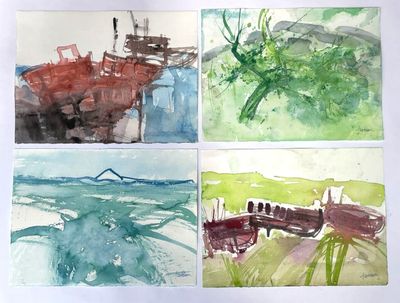quatre aquarelles représentant un bateau et un bateau sur un plan d'eau