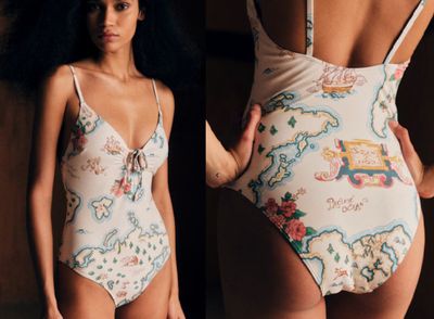 two pictures of a woman in a one piece swimsuit