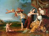 an image of a painting of a family in a wooded setting