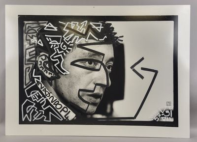 black and white photograph of a man with graffiti on his face